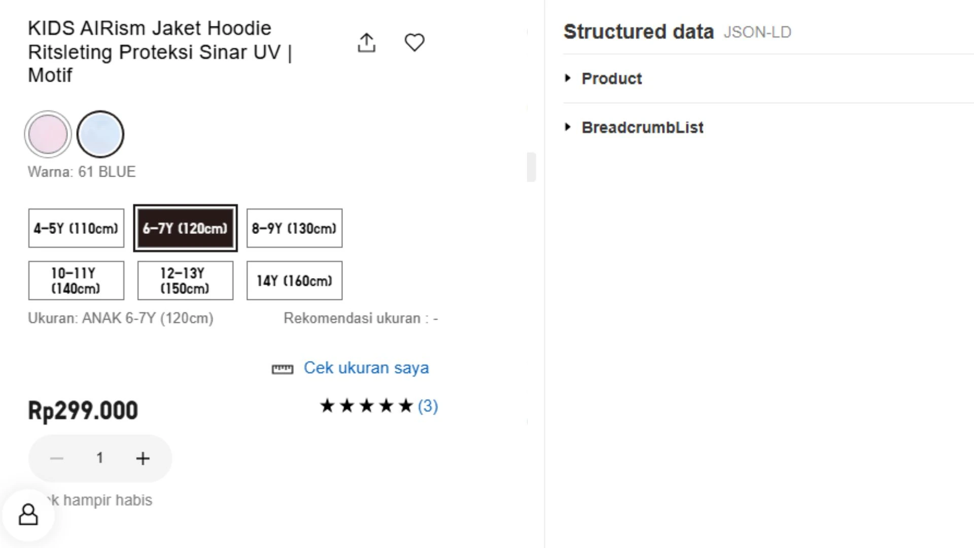 Gambar contoh schema markup pada salah satu page baju anak.